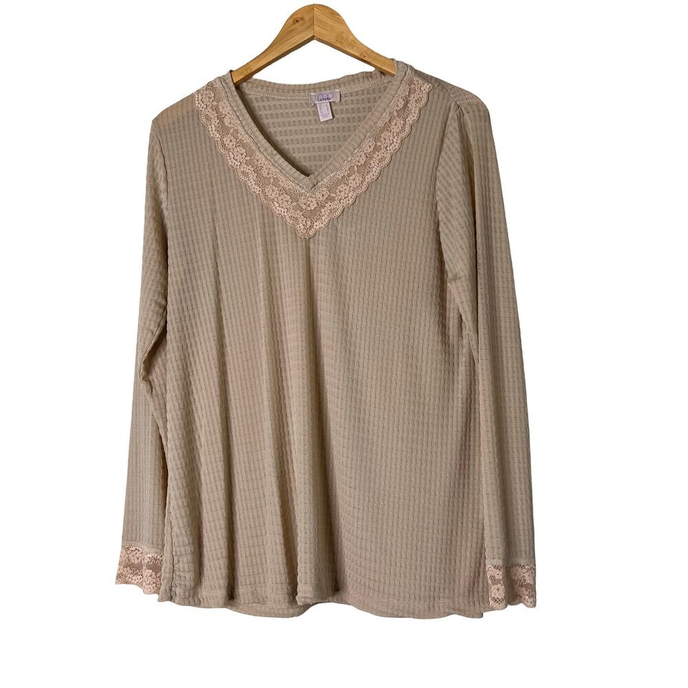 A625356 LOGO Layers by Lori Goldstein V-Neck Waffle Mesh Top with Lace Taupe S